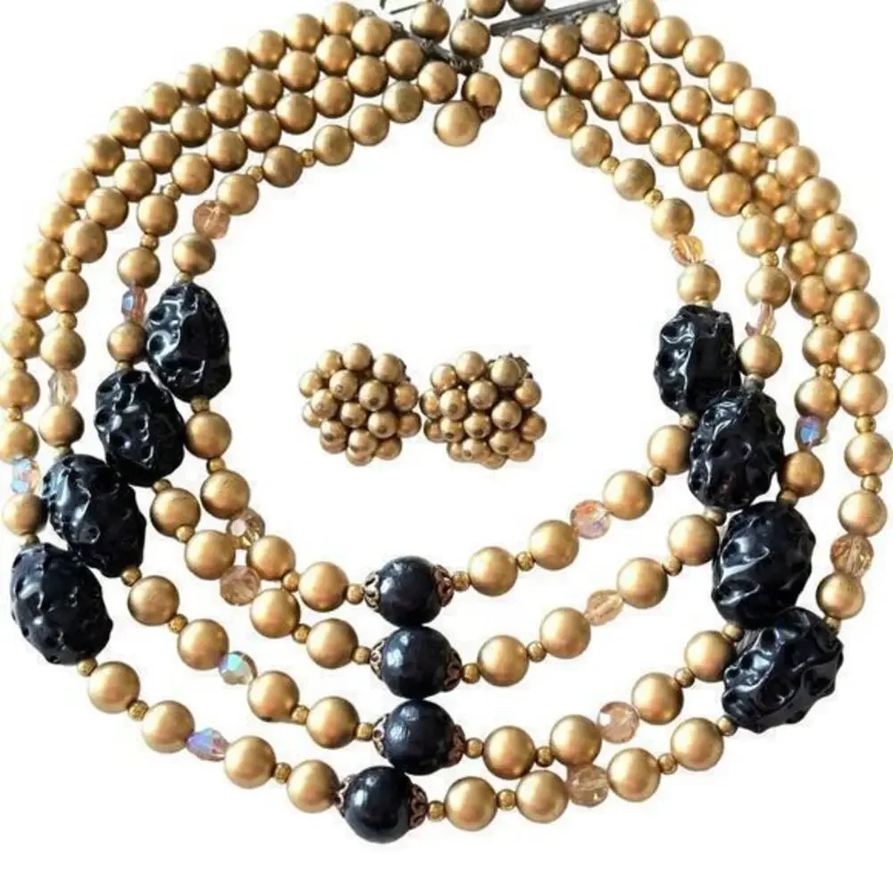 Vintage Earring & Multi Strand Necklace Set Gold & Black Beaded 1950s Japan